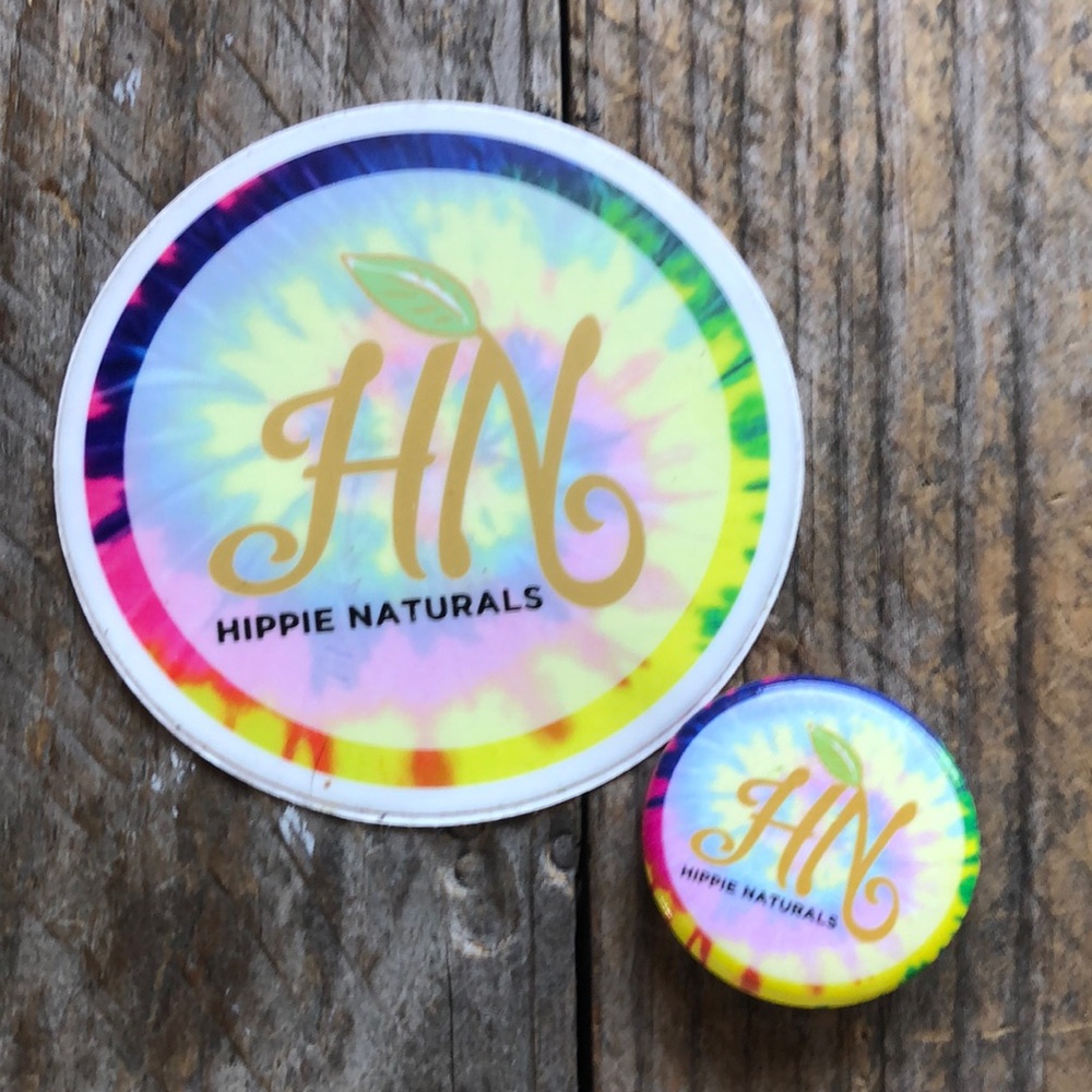 Hippie Naturals 3 inch Vinyl Sticker and 1 inch Pin merchandise set